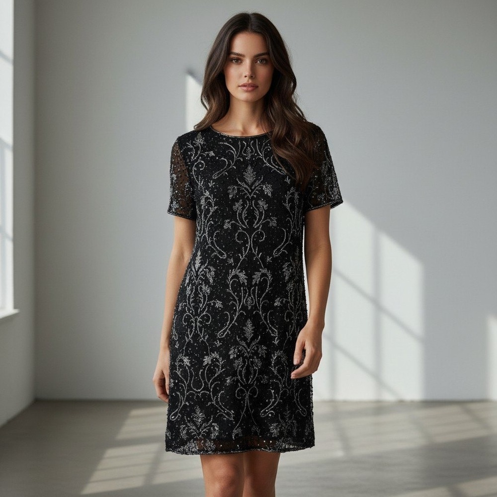Alice + Olivia Black Silver Beaded Sequin Damask Shift Dress Size 2 Cocktail